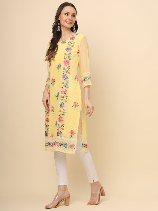 Women Georgette Lucknowi Chikankari Embroidered Straight Kurti