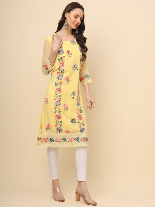 Women Georgette Lucknowi Chikankari Embroidered Straight Kurti