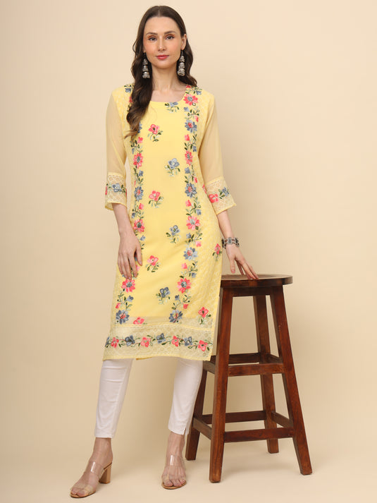 Women Georgette Lucknowi Chikankari Embroidered Straight Kurti