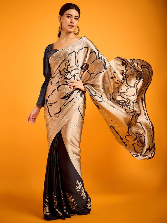 Premium Digital Print Satin Saree – Elegant Glossy Finish & Contemporary Design
