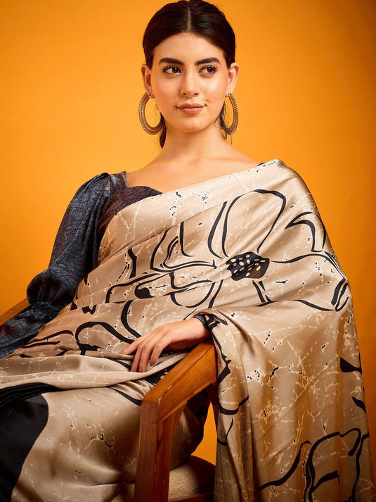 Premium Digital Print Satin Saree – Elegant Glossy Finish & Contemporary Design