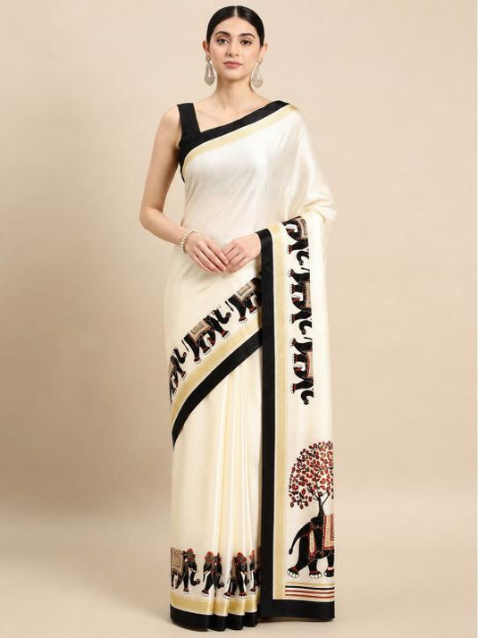 Premium Digital Print Satin Saree – Elegant Glossy Finish & Contemporary Design