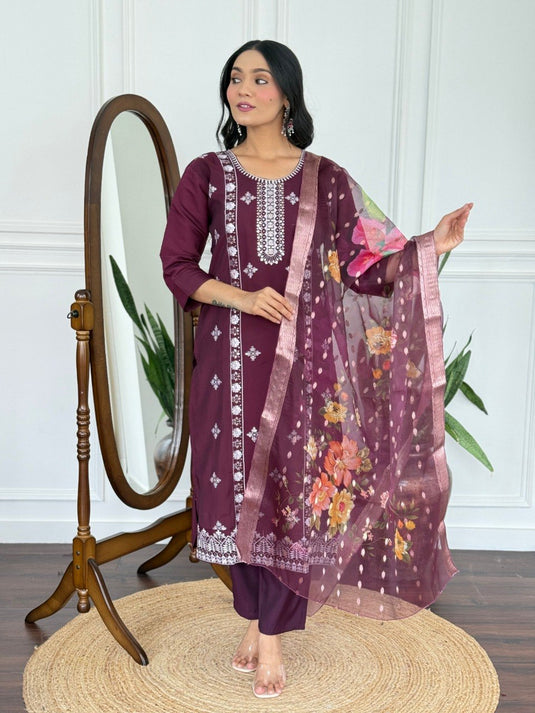 Elegant Embroidered PV Chanderi Kurti Set with Organza Dupatta