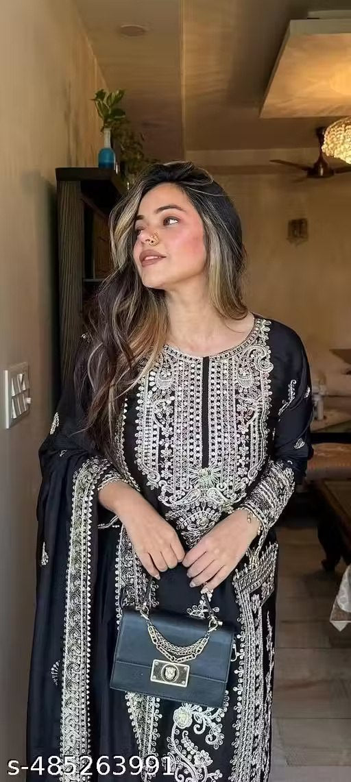 Elegant Embroidered Art Silk Kurti Set with Dupatta