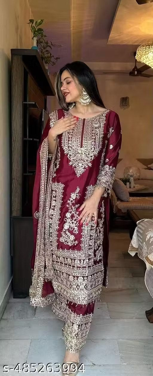 Elegant Embroidered Art Silk Kurti Set with Lace Border Dupatta