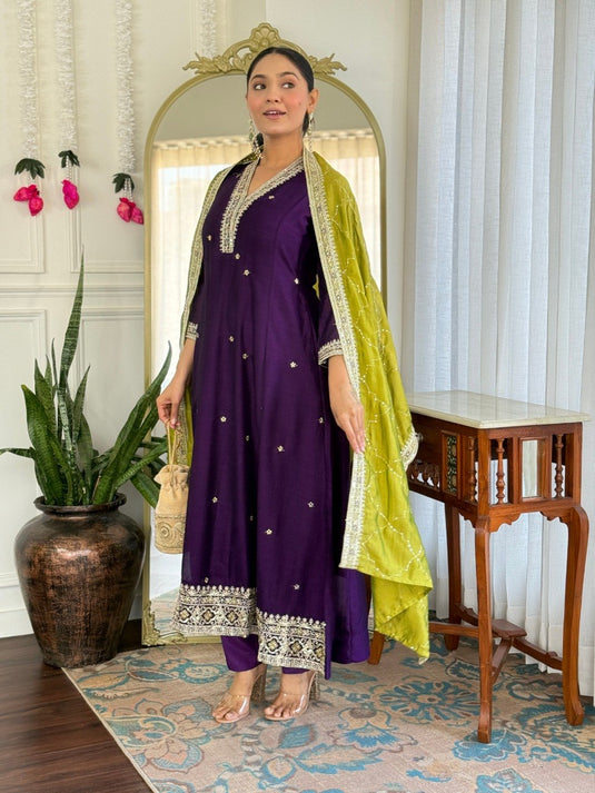 Elegant Vichitra Silk Embroidered Kurti Set with Dupatta for Women