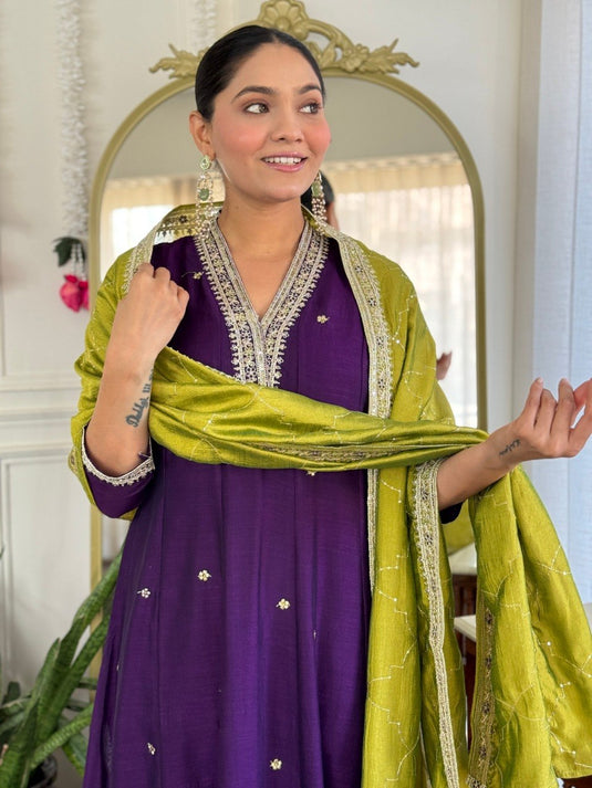 Elegant Vichitra Silk Embroidered Kurti Set with Dupatta for Women