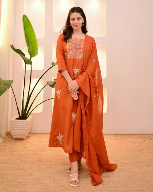 Women’s Embroidered Viscose Rayon Kurta Set with Vichitra Dupatta