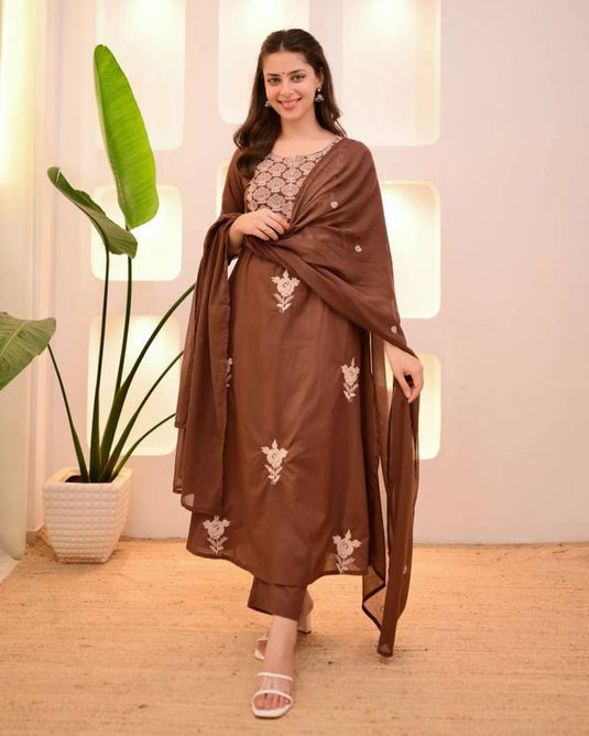 Women’s Embroidered Viscose Rayon Kurta Set with Vichitra Dupatta