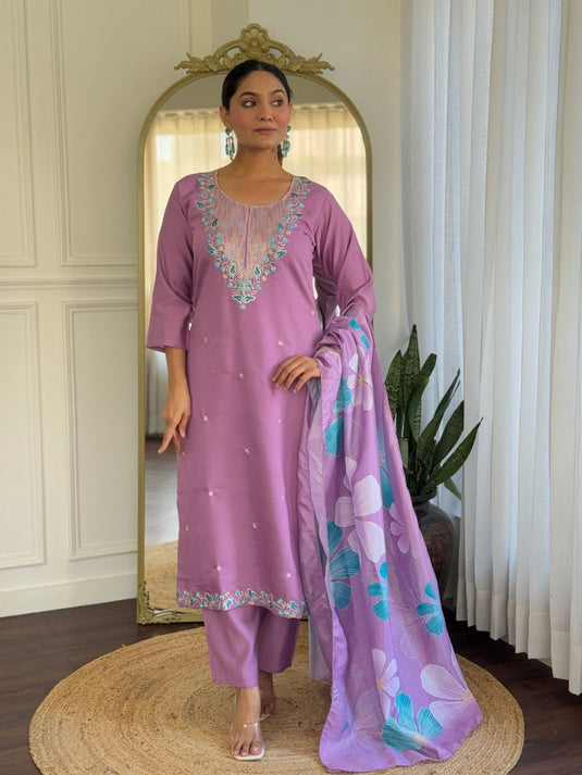 Elegant Embroidered PV Chanderi Kurti Set with Printed Vichitra Dupatta