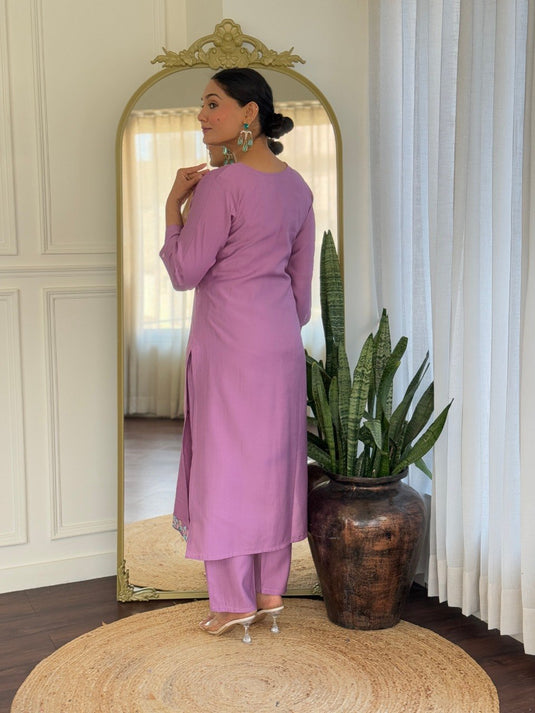 Elegant Embroidered PV Chanderi Kurti Set with Printed Vichitra Dupatta