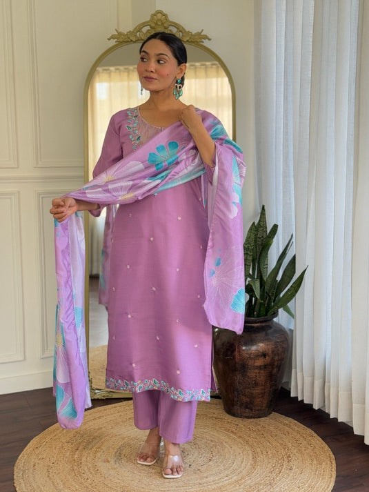Elegant Embroidered PV Chanderi Kurti Set with Printed Vichitra Dupatta