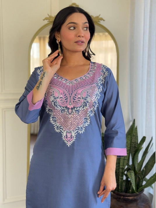 Women Embroidered PV Chanderi Kurta Set with Printed Vichitra Dupatta
