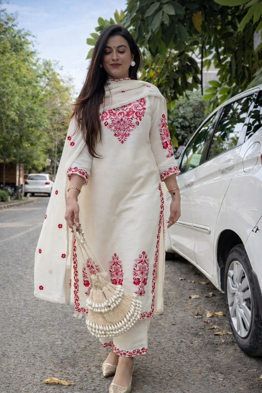 Women Embroidered Cotton Slub Kurta Set with Dupatta | Straight Fit Ethnic Co-ord Set