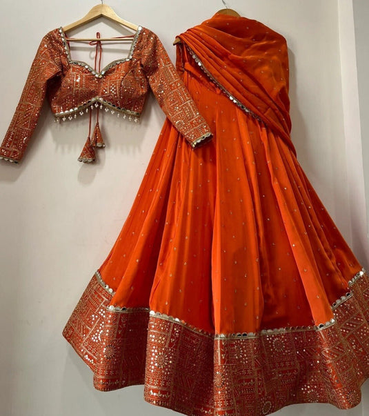 Women’s Malai Satin Embroidered Sequence Lehenga Choli Set with Vichitra Silk Dupatta