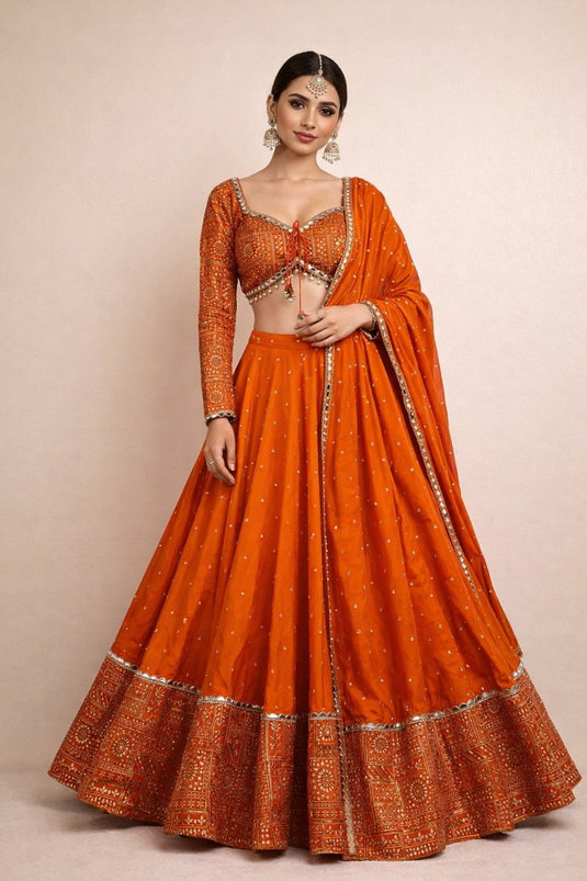 Women’s Malai Satin Embroidered Sequence Lehenga Choli Set with Vichitra Silk Dupatta
