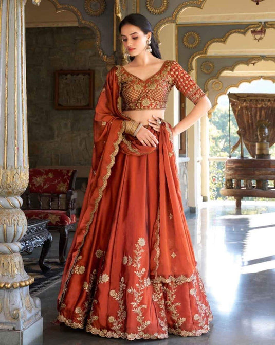 Women’s Vichitra Silk Embroidered Sequence Work Lehenga Choli Set with Dupatta