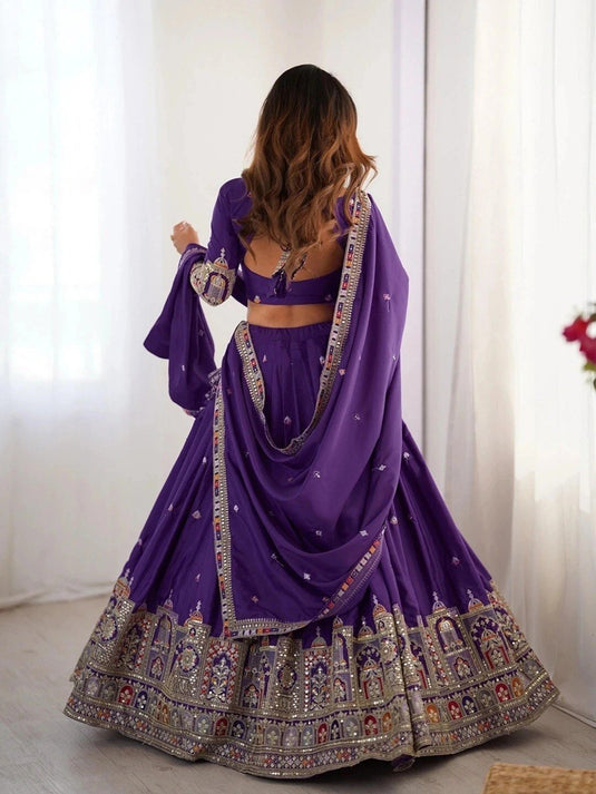 Women’s Malai Satin Embroidered Sequence Work Lehenga Choli Set with Vichitra Silk Dupatta