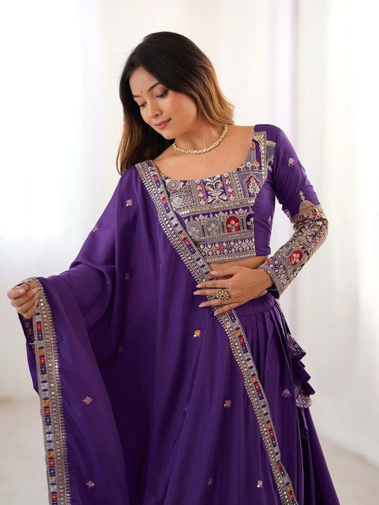 Women’s Malai Satin Embroidered Sequence Work Lehenga Choli Set with Vichitra Silk Dupatta