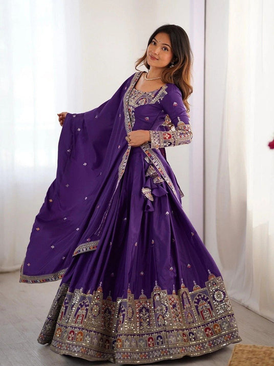 Women’s Malai Satin Embroidered Sequence Work Lehenga Choli Set with Vichitra Silk Dupatta