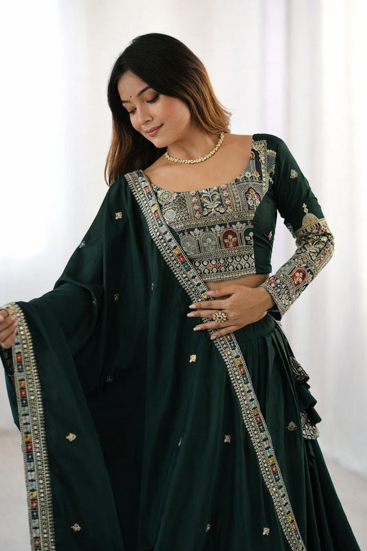 Women’s Malai Satin Embroidered Sequence Work Lehenga Choli Set with Vichitra Silk Dupatta