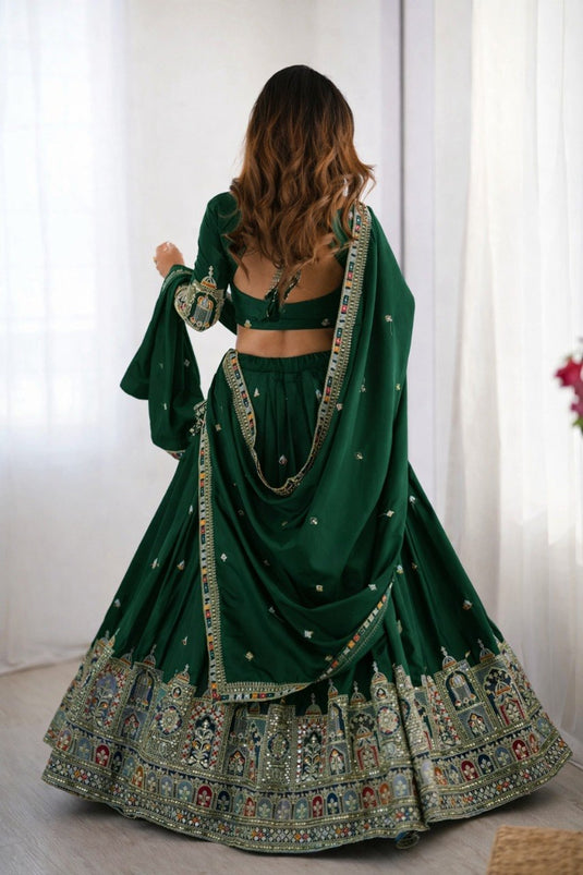 Women’s Malai Satin Embroidered Sequence Work Lehenga Choli Set with Vichitra Silk Dupatta