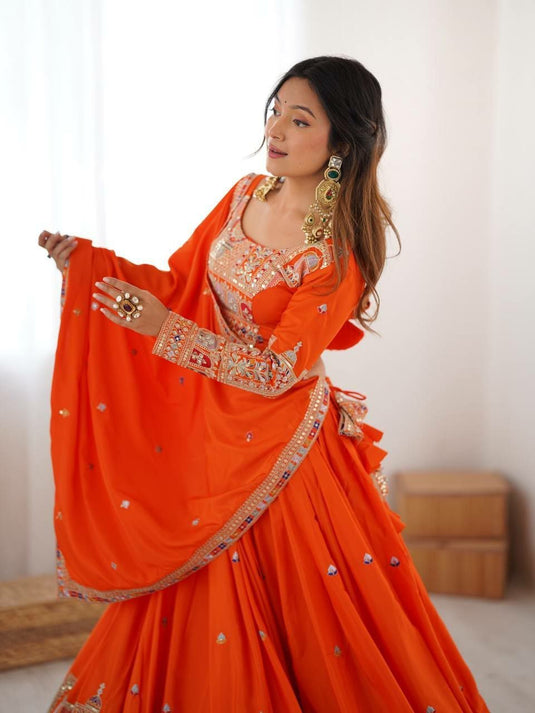 Women’s Malai Satin Embroidered Sequence Work Lehenga Choli Set with Vichitra Silk Dupatta