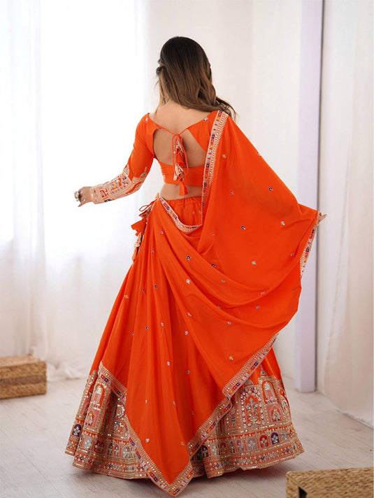 Women’s Malai Satin Embroidered Sequence Work Lehenga Choli Set with Vichitra Silk Dupatta