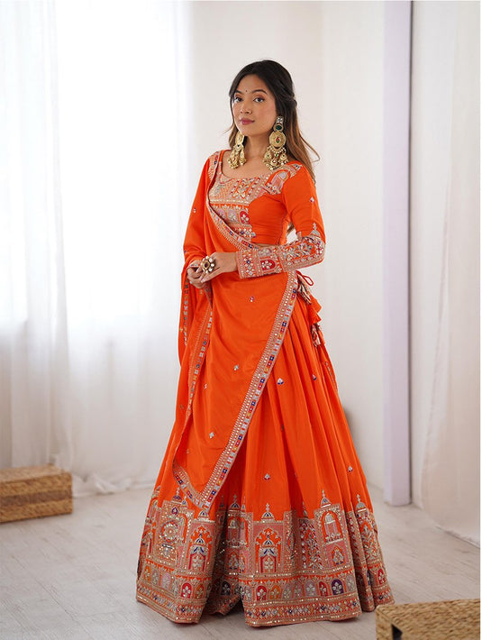 Women’s Malai Satin Embroidered Sequence Work Lehenga Choli Set with Vichitra Silk Dupatta