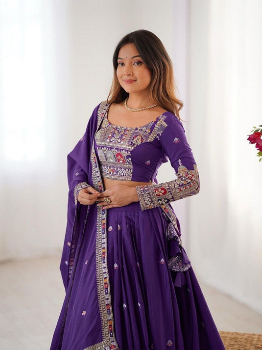 Women’s Malai Satin Embroidered Sequence Work Lehenga Choli Set with Vichitra Silk Dupatta