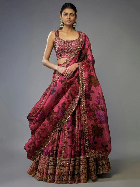 Women’s Tebby Organza Embroidered Lehenga Choli Set with Sequins Work & Dupatta