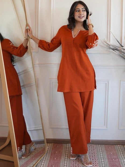 Elegant Embroidered Viscose Rayon Kurta & Magic Slub Co-ord Set with 3/4 Sleeves