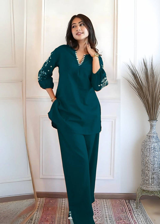Elegant Embroidered Viscose Rayon Kurta & Magic Slub Co-ord Set with 3/4 Sleeves