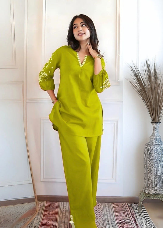 Elegant Embroidered Viscose Rayon Kurta & Magic Slub Co-ord Set with 3/4 Sleeves