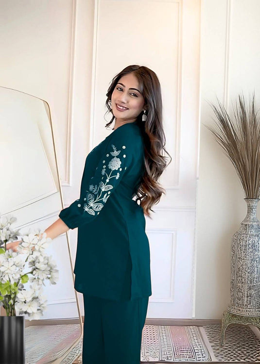 Elegant Embroidered Viscose Rayon Kurta & Magic Slub Co-ord Set with 3/4 Sleeves