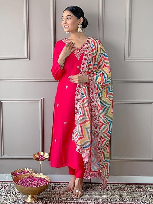Elegant Embroidered Viscose Chanderi Kurti Set with Chinon Dupatta for Women