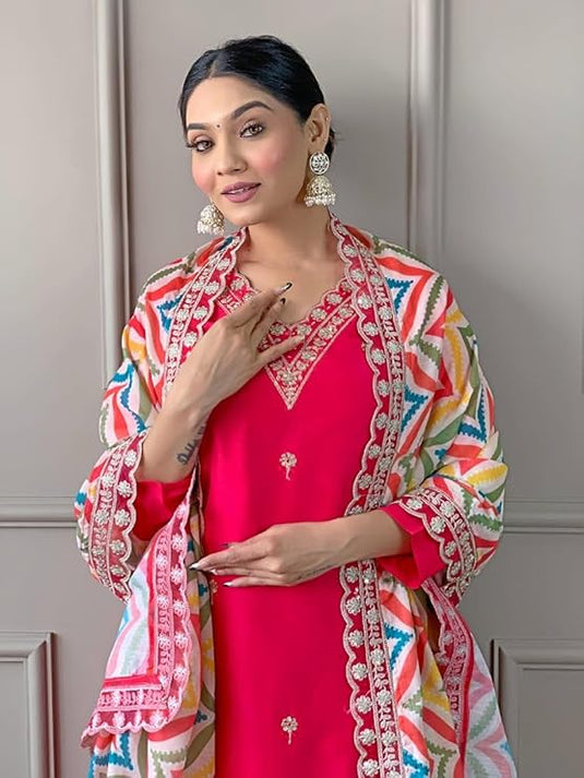 Elegant Embroidered Viscose Chanderi Kurti Set with Chinon Dupatta for Women