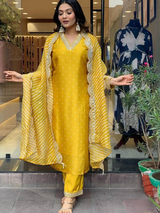 Elegant Embroidered Viscose Chanderi Kurti Set with Laheriya Print Dupatta