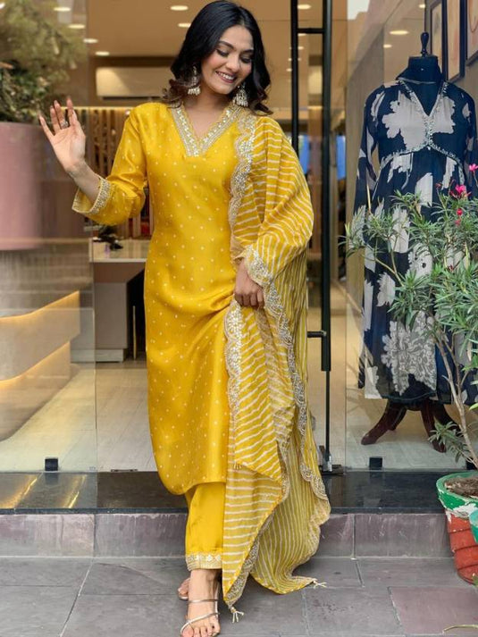 Elegant Embroidered Viscose Chanderi Kurti Set with Laheriya Print Dupatta