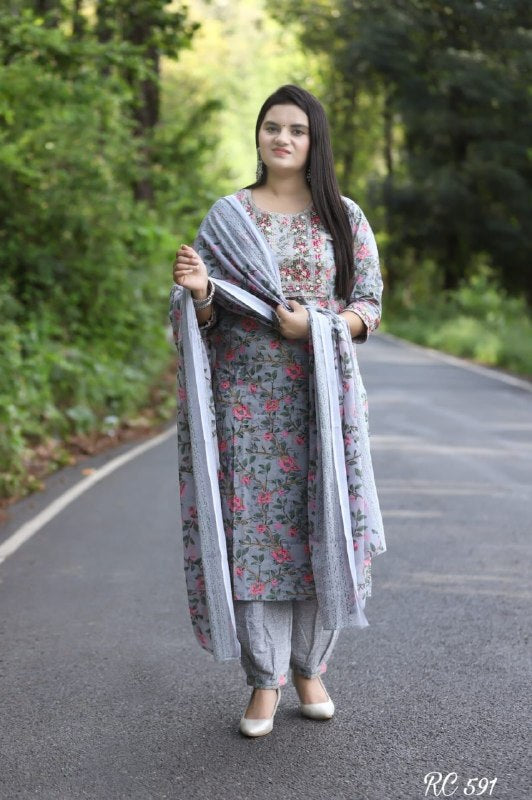 Women’s Embroidered Viscose Rayon Kurti Set with Printed Dupatta