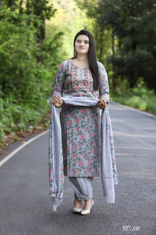 Women’s Embroidered Viscose Rayon Kurti Set with Printed Dupatta