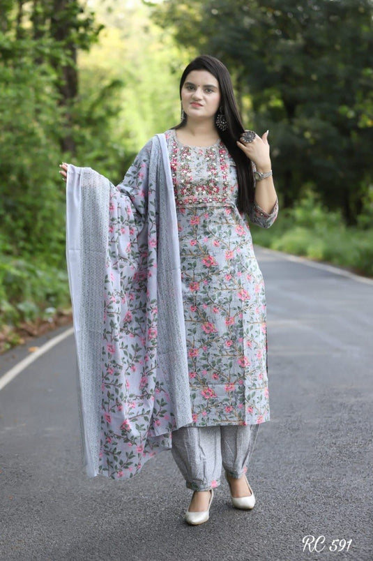 Women’s Embroidered Viscose Rayon Kurti Set with Printed Dupatta