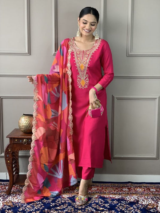 Women Embroidered Viscose Chanderi Kurta Set with Chinon Dupatta