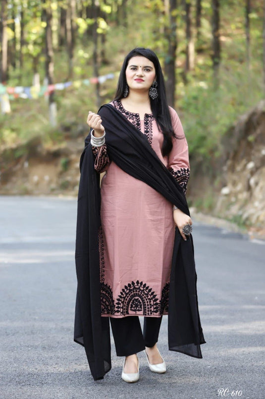 Women’s Viscose Rayon Embroidered Kurta Set with Printed Dupatta