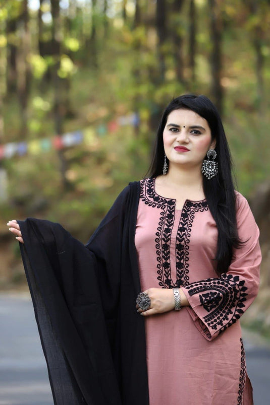 Women’s Viscose Rayon Embroidered Kurta Set with Printed Dupatta