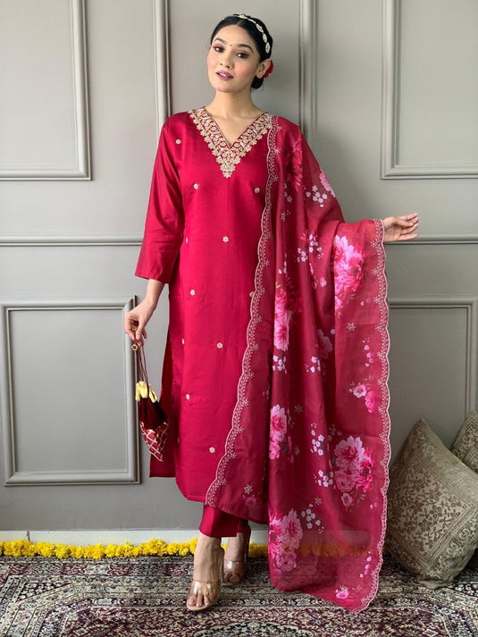 Women’s Viscose Chanderi Embroidered Kurta Set with Printed Chinon Dupatta