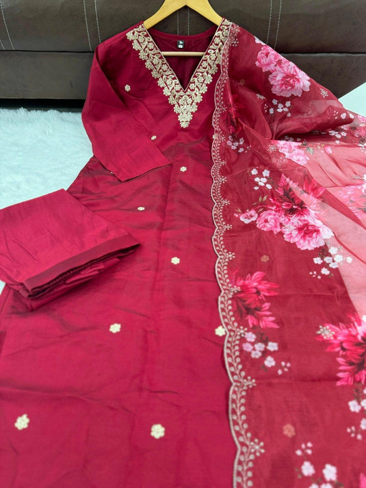 Women’s Viscose Chanderi Embroidered Kurta Set with Printed Chinon Dupatta