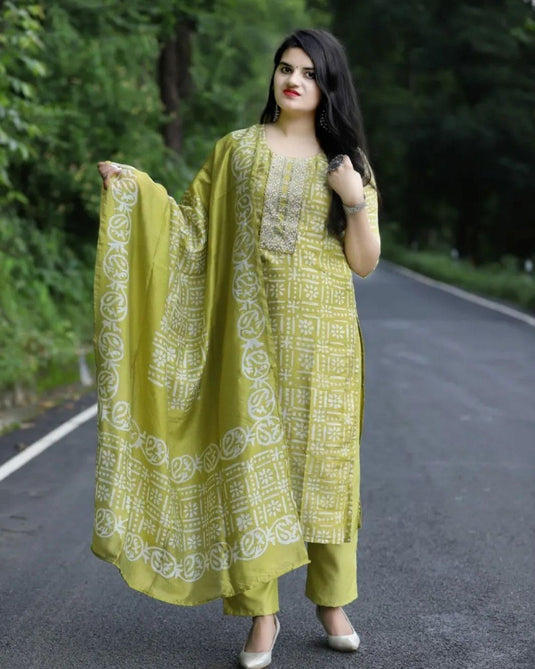 Women’s Viscose Rayon Embroidered Kurta Set with Printed Dupatta
