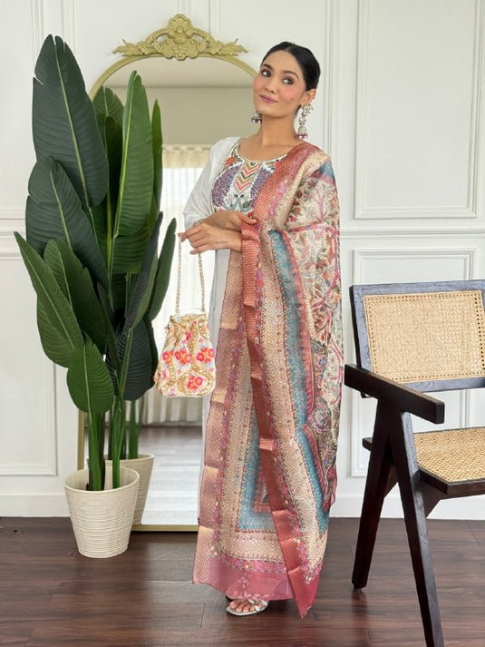 Elegant Embroidered PV Chanderi Kurti Set with Organza Dupatta for Women