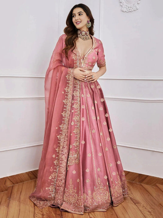 Women’s Malai Satin Embroidered Lehenga Choli Set with Organza Dupatta